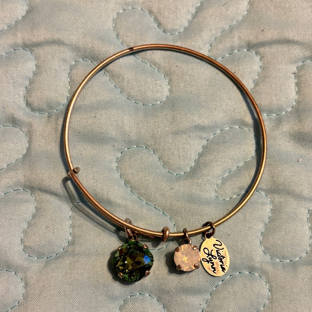 Gold-Tone Charm Bangle Bracelet with Green and Clear Crystal Charms